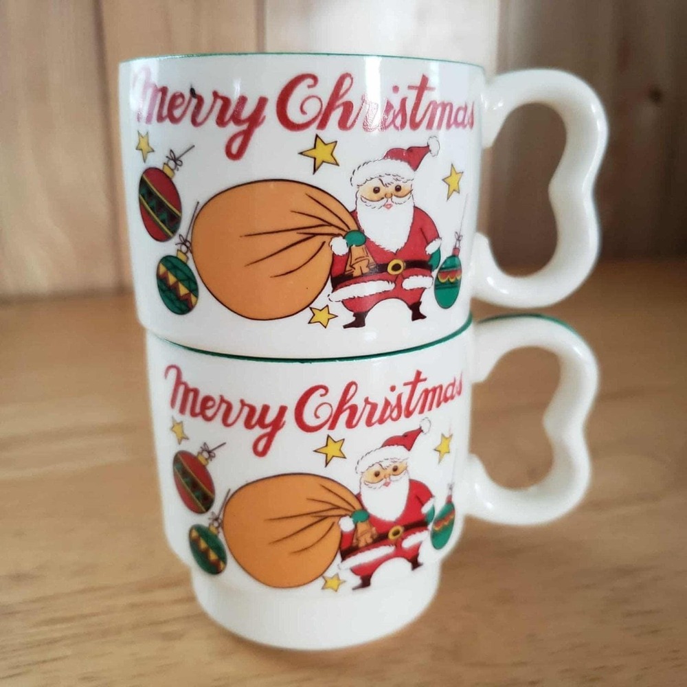 VTG‎ HOMCO Merry Christmas Santa Stacking Mugs Set 2 Japan Heart Handle